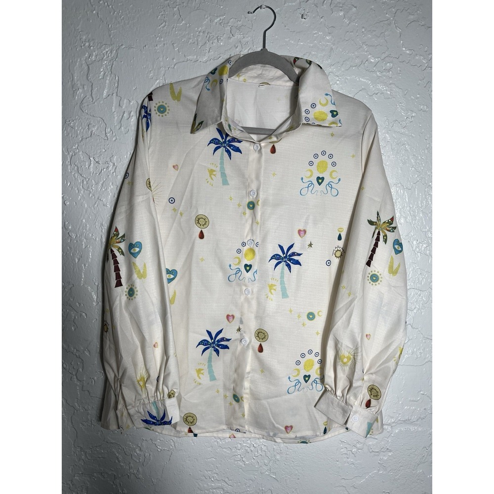 Linen Blend Celestial Print Button Up Blouse Women's Medium Boho Cottagecore